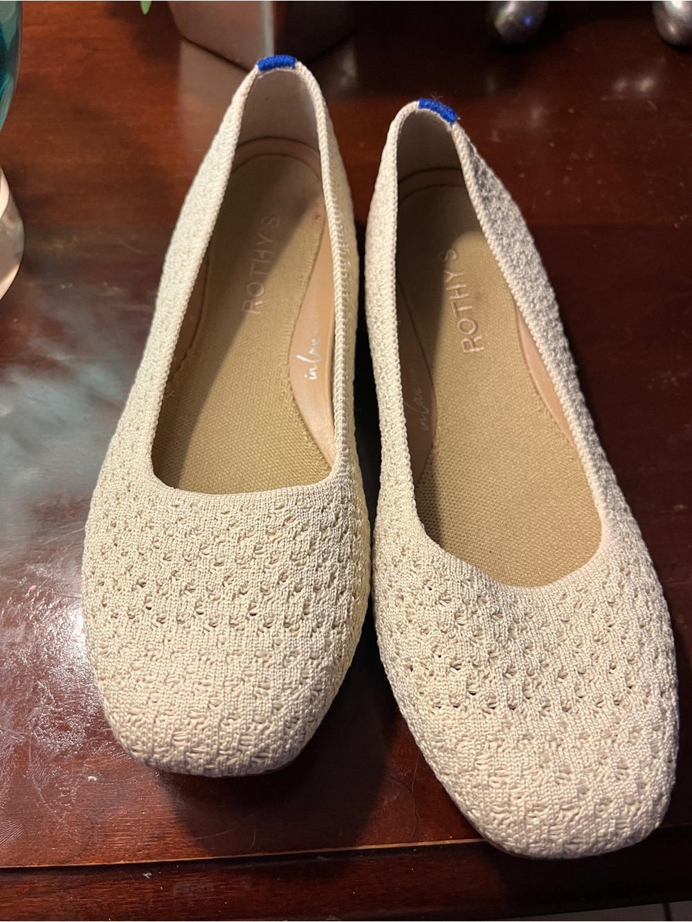 Rothy's Women's Cream Knit Ballet Flats with Blue Heel Tab